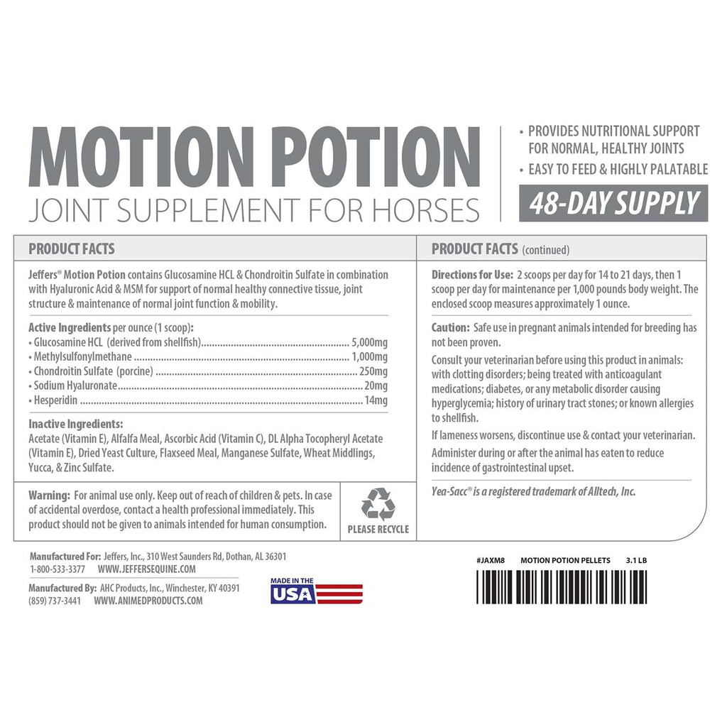 Gránulos de suplemento para articulaciones de caballos Motion Potion de Jeffers – Glucosamina HCl, MSM, Condroitina, Ácido hialurónico, Vitaminas C y E, Soporte equino diario para caballos mayores y activos – 10 lbs, Suministro para 160 días