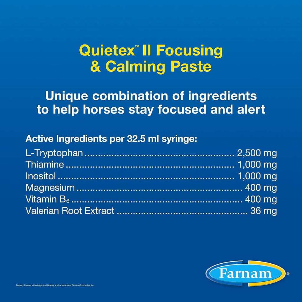 Pasta Tranquilizante Farnam Quietex II para Caballos, Jeringa de 32.5 ml, Maneja el Comportamiento Nervioso y Mantiene a los Caballos Tranquilos, Concentrados y Serenos, 7 Ingredientes para Aliviar el Estrés, Suplemento Calmante de Magnesio