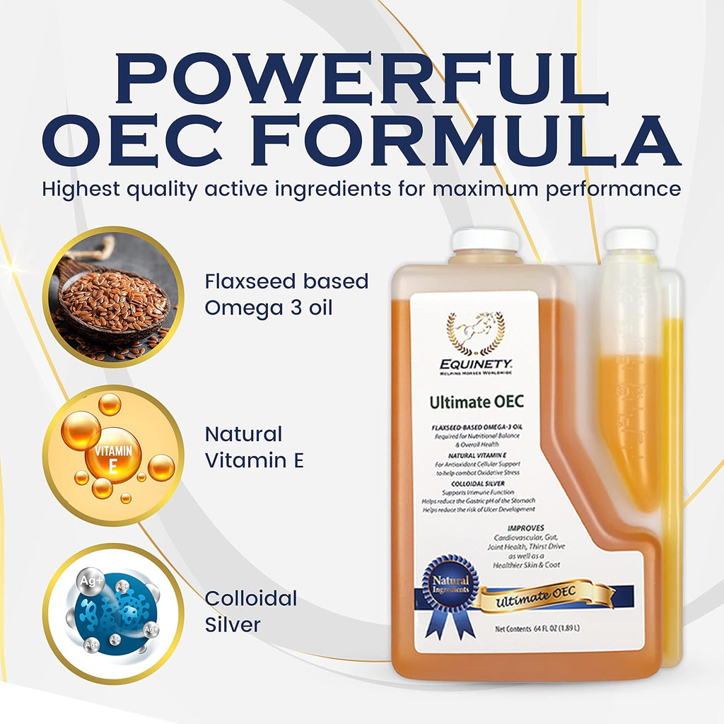Suplemento ecuestre definitivo OEC – Omega 3, vitamina E, aceite de linaza para caballos – Defensa del pelaje, soporte articular y de pezuñas – Aceite equino aprobado por veterinarios para un peso saludable, músculos y recuperación