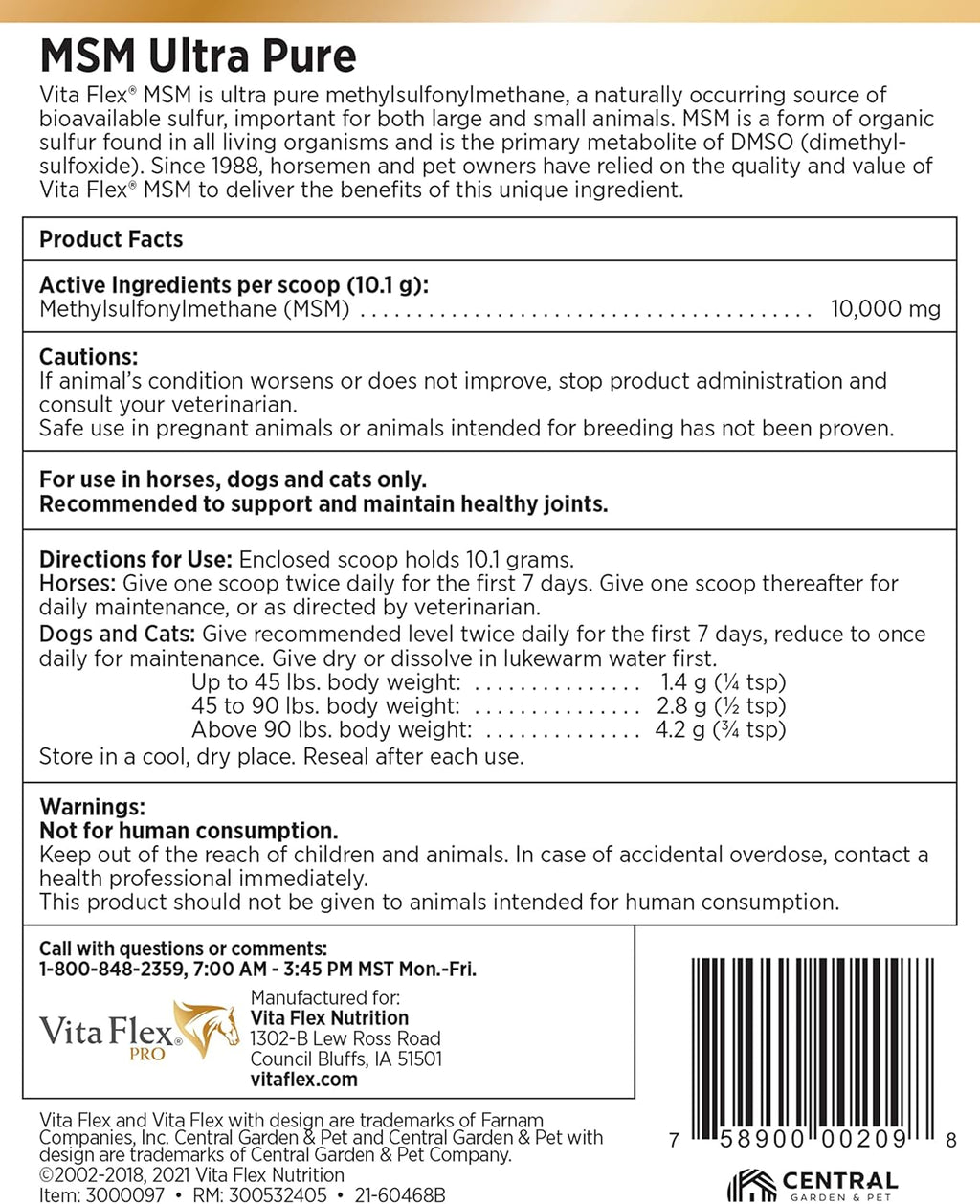 Suplemento articular Ultra Pure Vita Flex para perros, caballos y gatos, 4 libras – Suplemento de MSM, polvo de MSM equino para articulaciones sanas, colágeno y soporte de movilidad, polvo blanco inodoro