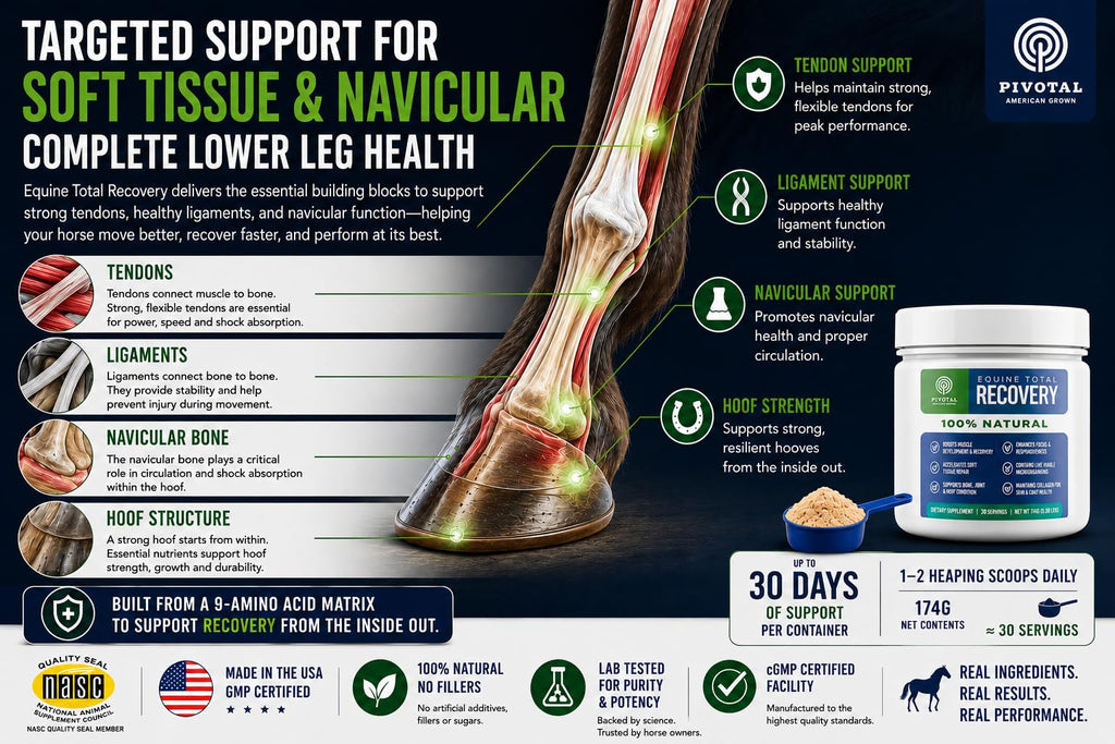 Pivotal Feeds Equine Total Recovery Suplemento – 9 aminoácidos y probióticos para caballos | Recuperación muscular, rendimiento y apoyo digestivo | Aderezo de pienso para caballos | 100 porciones