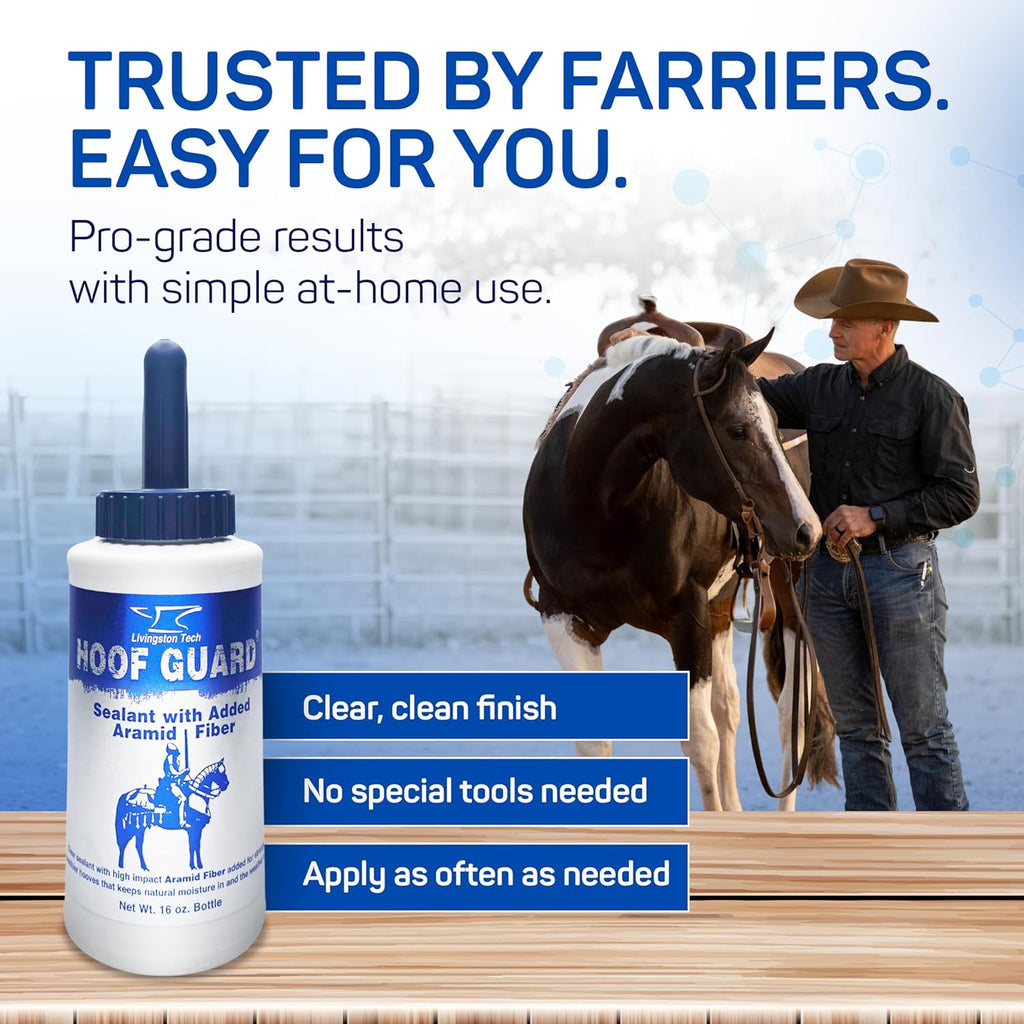 Sellador para cascos de caballos Hoof Guard 16 oz – Sellador para cascos fortificado con fibra y aramida para cascos más fuertes – Endurecedor de cascos profesional que rellena grietas, retiene la humedad y protege contra la candidiasis y el daño UV