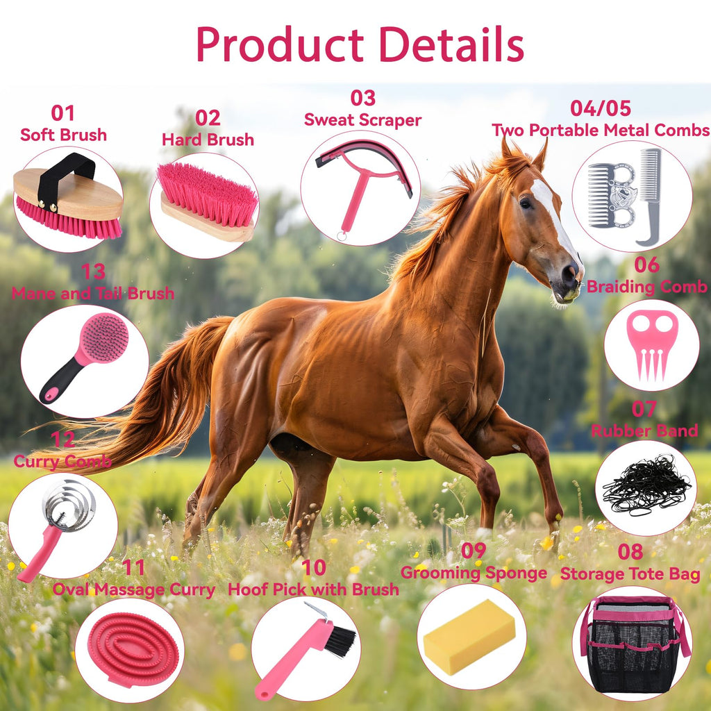 Horse Grooming Kit 13 Piece, Horse Brushes for Grooming Supplies Set with Organizer Bag, Horse Brush & Curry Comb for Effective Cleaning, Gift for Horses Riders Beginners