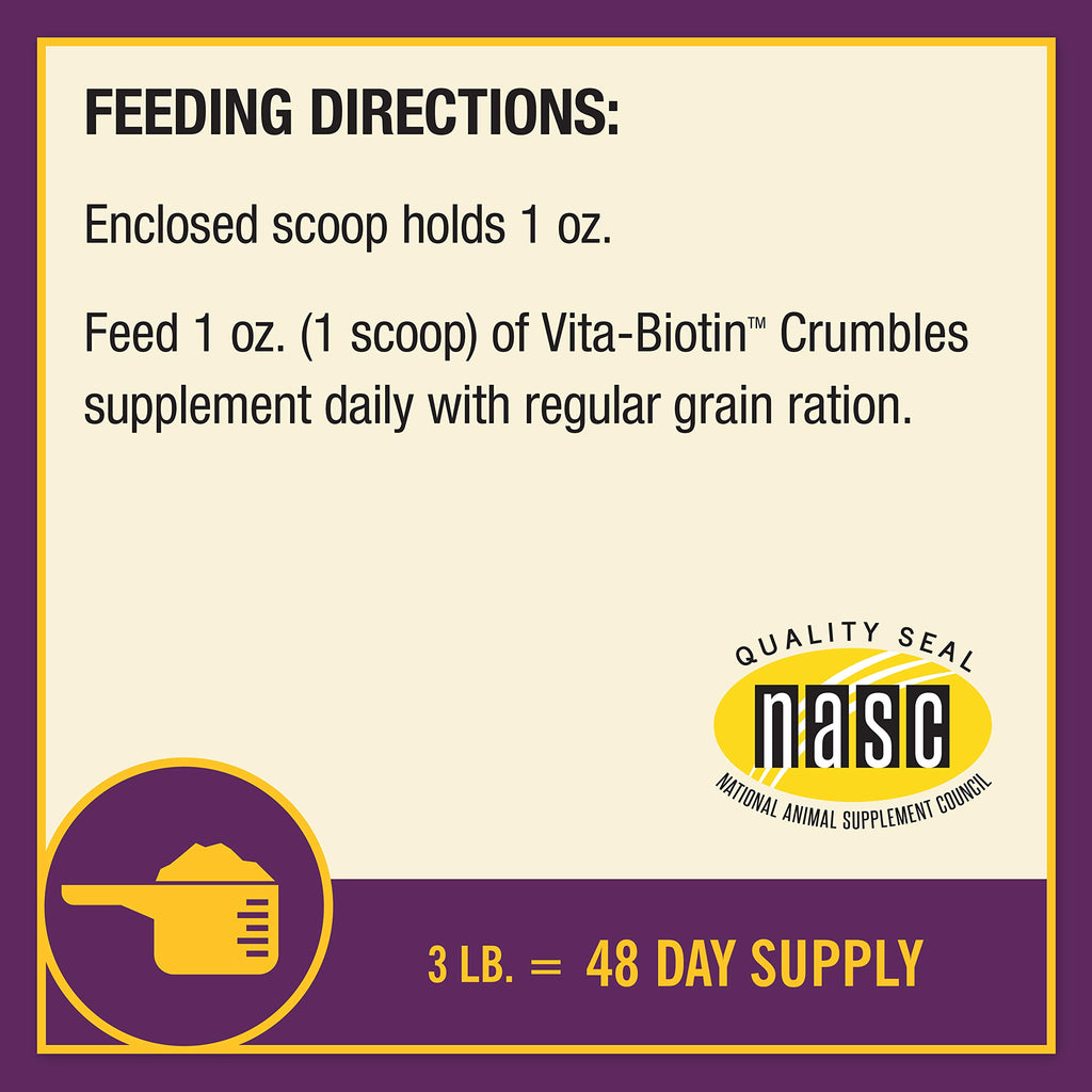 Suplemento de biotina para cascos de caballos Horse Health Vita Biotin Crumbles, el suplemento de biotina apoya el crecimiento saludable de los cascos, paredes fuertes, previene grietas y astillas, 1.36 kg, suministro para 48 días