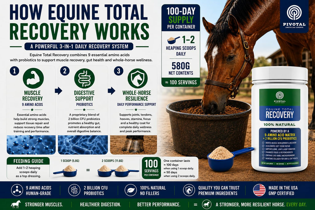 Pivotal Feeds Equine Total Recovery Suplemento – 9 aminoácidos y probióticos para caballos | Recuperación muscular, rendimiento y apoyo digestivo | Aderezo de pienso para caballos | 100 porciones