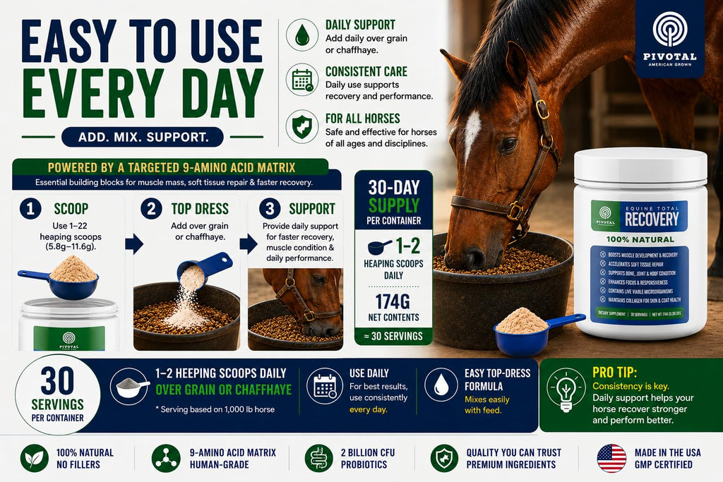 Pivotal Feeds Equine Total Recovery Suplemento – 9 aminoácidos y probióticos para caballos | Recuperación muscular, rendimiento y apoyo digestivo | Aderezo de pienso para caballos | 100 porciones