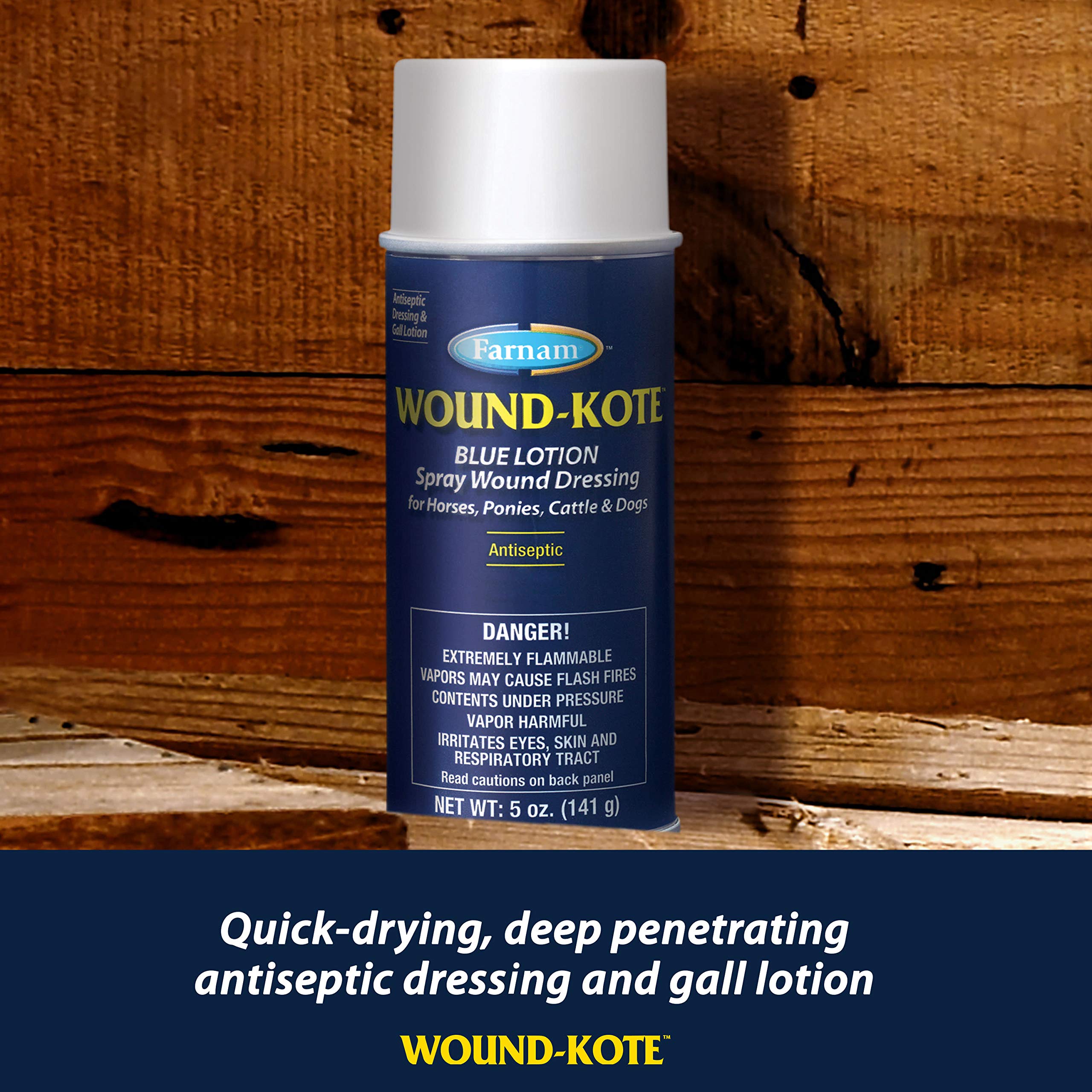 Farnam Wound-Kote Blue Lotion Spray Horse Wound Care for use on Horses and Dogs, Antiseptic Properties, for Minor Wounds, Cuts and Sores, 7 Oz.