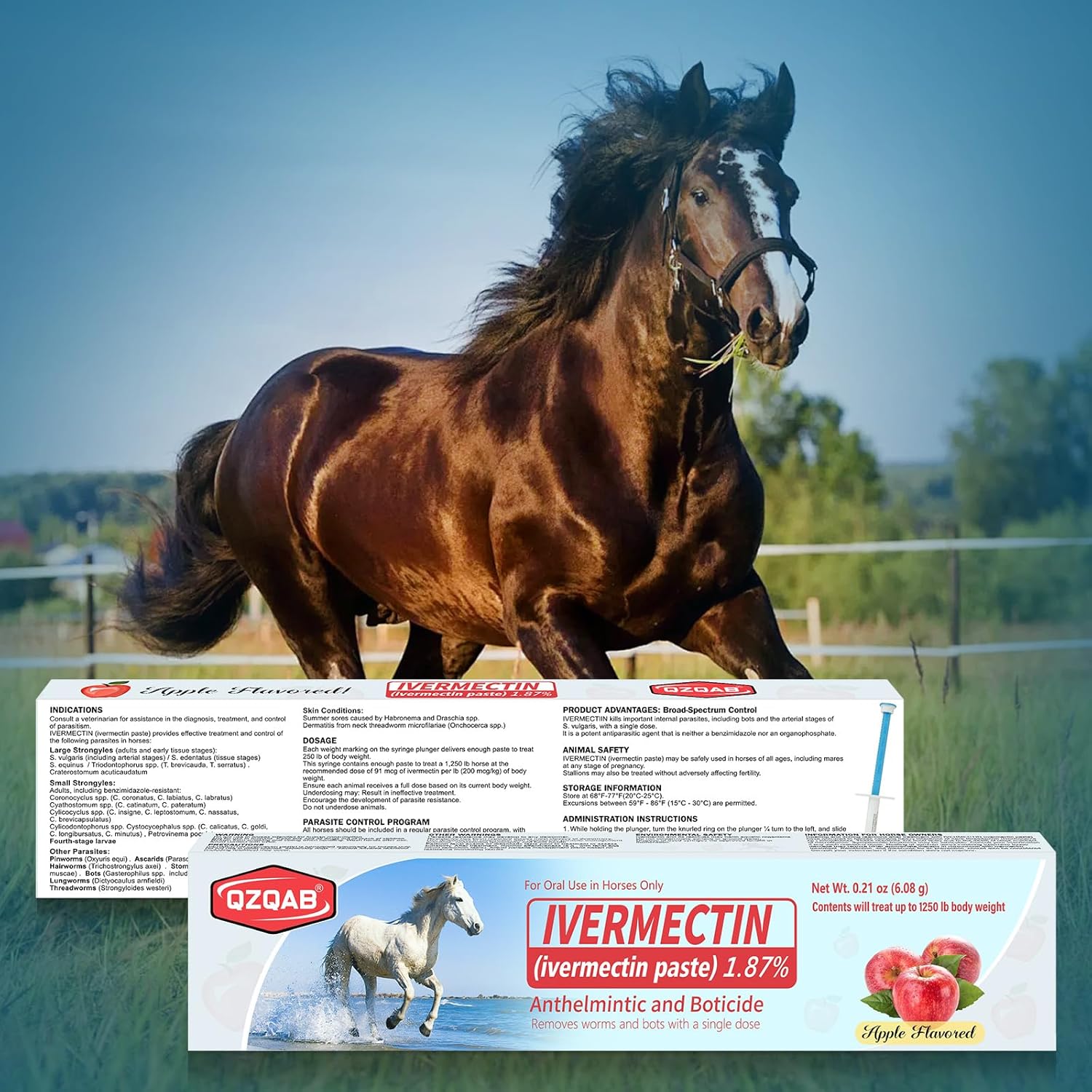 Pasta Equina de Ivermectina al 1.87% – Desparasitante Oral con Sabor a Manzana para Caballos, Paquete de 6