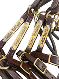 Cabestro de cuero de 3/4" de Leaders para caballos con placa de identificación grabada personalizada, cuero marrón con herrajes de latón macizo