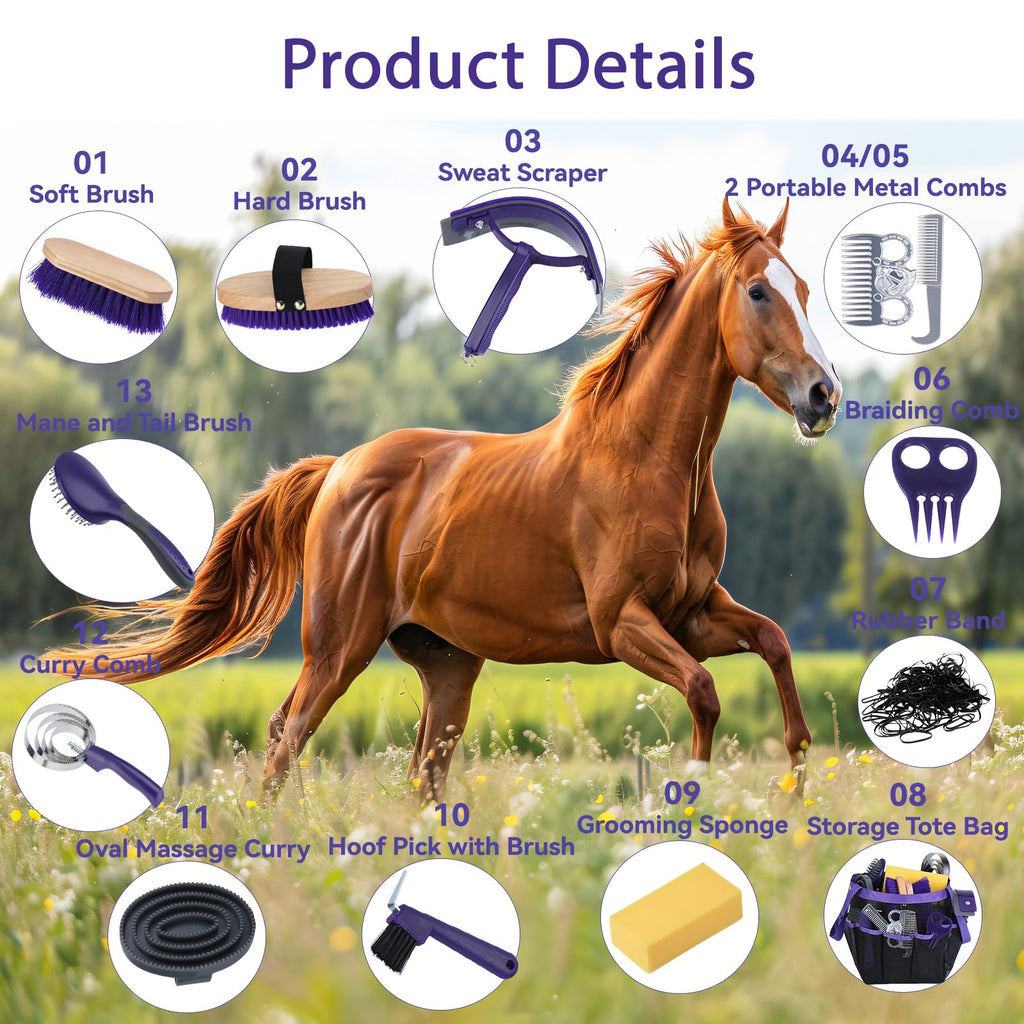 Horse Grooming Kit 13 Piece, Horse Brushes for Grooming Supplies Set with Organizer Bag, Horse Brush & Curry Comb for Effective Cleaning, Gift for Horses Riders Beginners