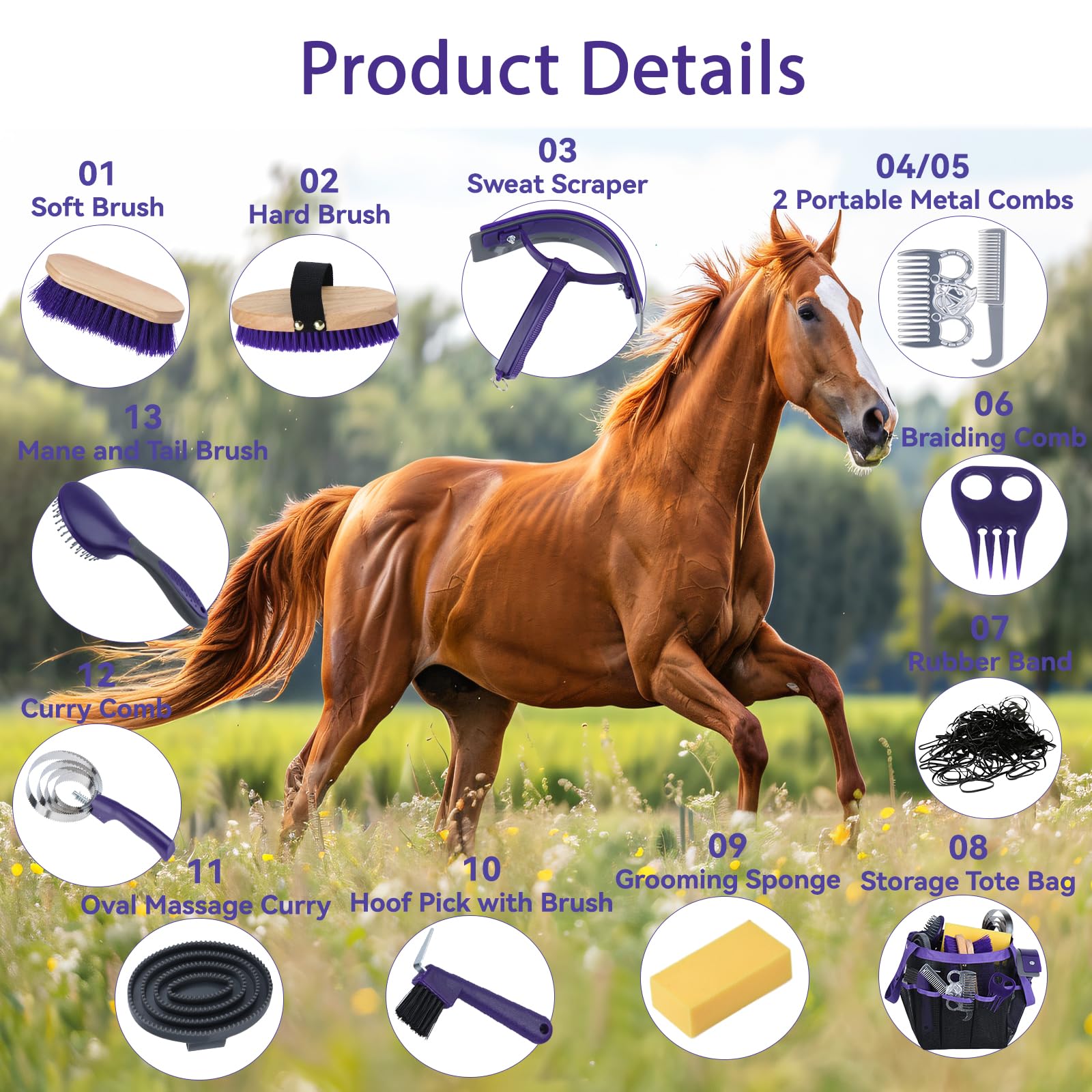Horse Grooming Kit 13 Piece, Horse Brushes for Grooming Supplies Set with Organizer Bag, Horse Brush & Curry Comb for Effective Cleaning, Gift for Horses Riders Beginners