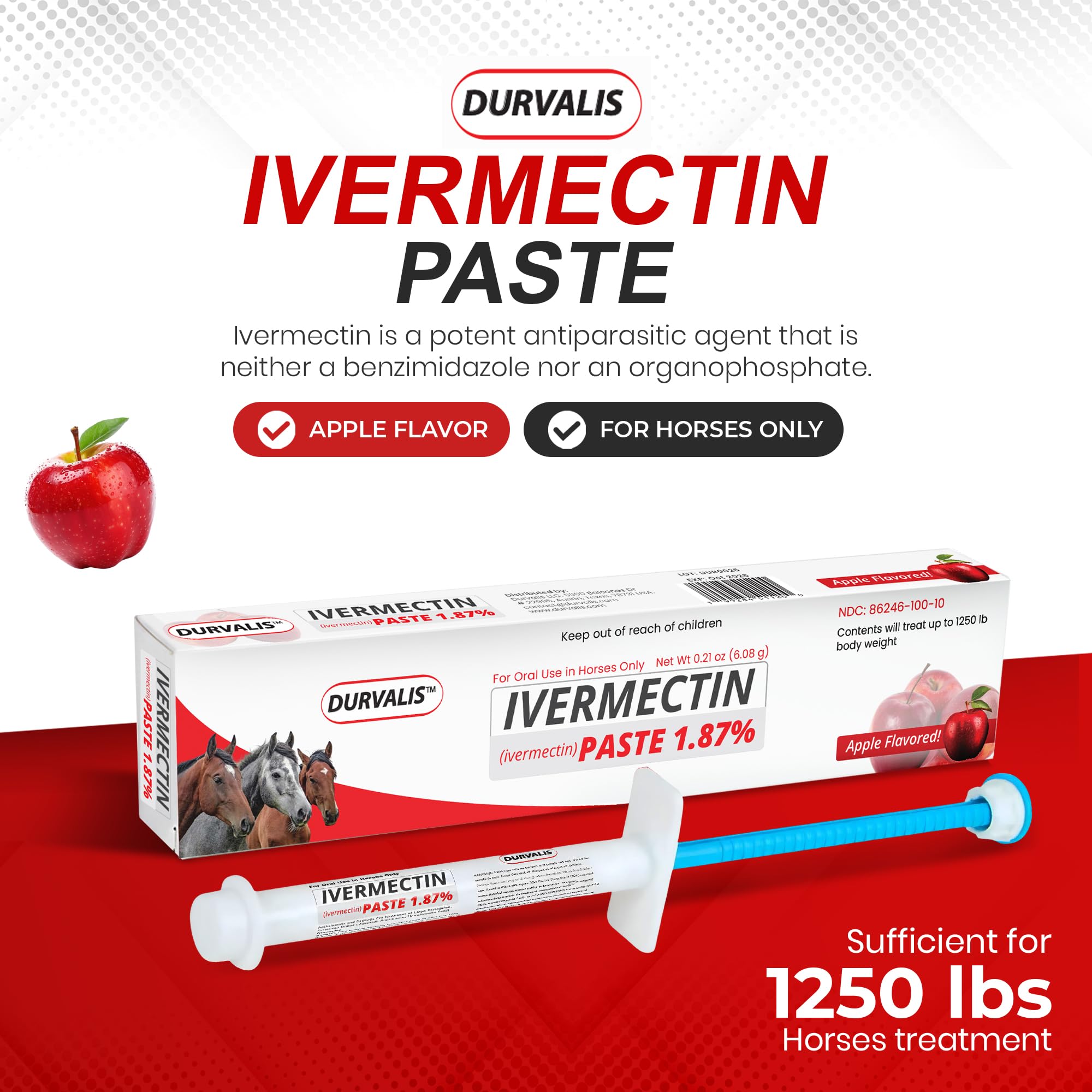 Ivermectin Horse Paste 1.87% Dewormer 6.08g Dose-Effective Appled Flavored Ivermectin Paste for Equine Care,Horse Deworming Paste -for Horses Up to 1250 lb (24 Pack)