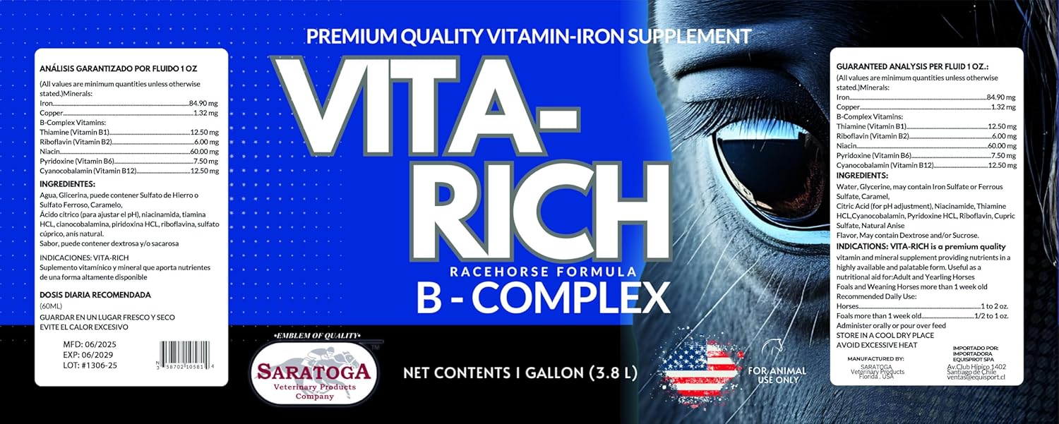 VITA-Rich B-Complex for Horses – High-Potency Vitamin & Iron Supplement for Energy, Appetite & Performance – 1 Gallon