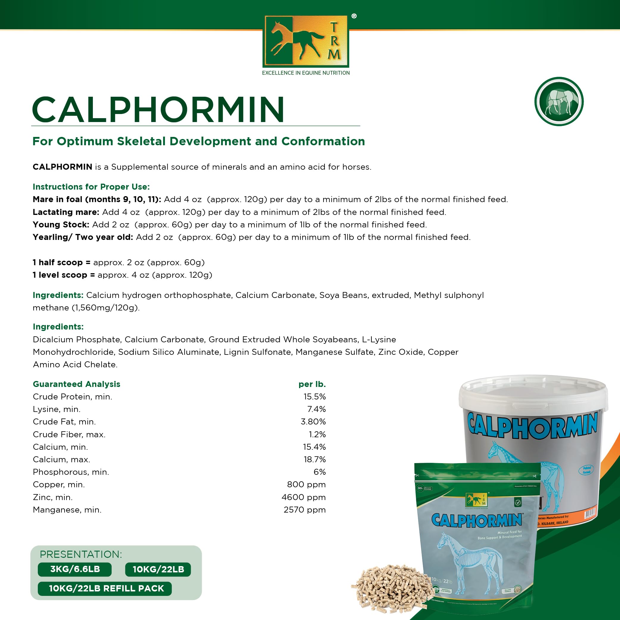 Suplemento equino rico en nutrientes TRM Calphormin para el desarrollo óseo óptimo de caballos jóvenes - 10 Kg (22 lb) - Cubeta - 22 lb
