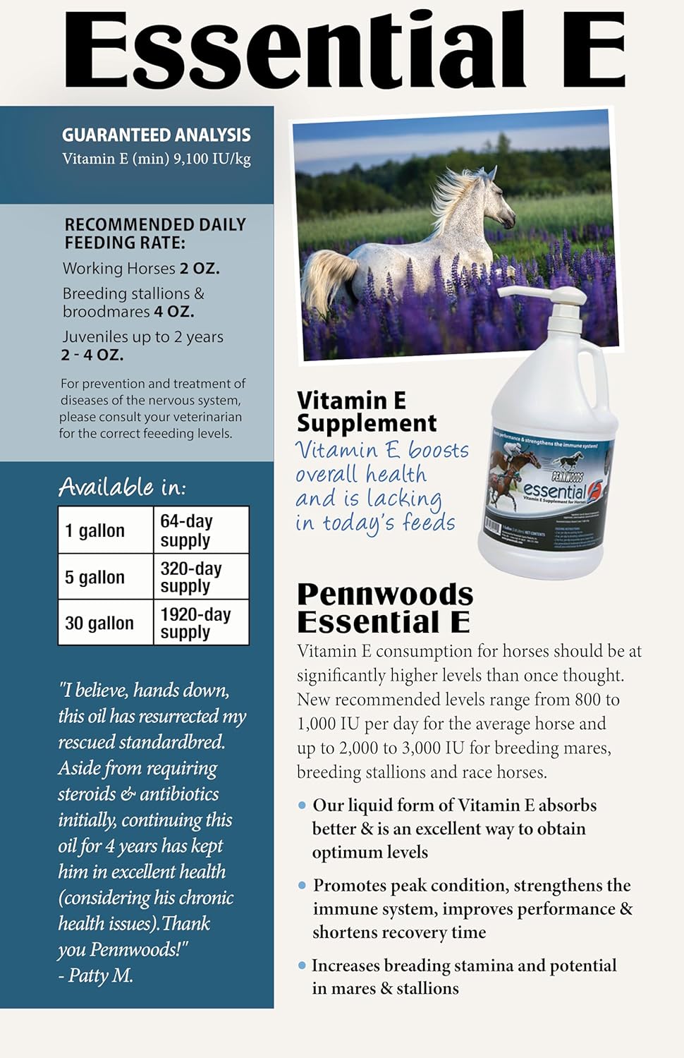 Pennwoods Essential E: Suplemento de vitamina E equina para la salud, rendimiento, recuperación y nutrición del caballo - 1 galón