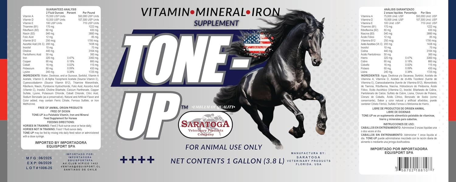 Fórmula Equina Avanzada de Vitaminas, Minerales y Hierro Tone-Up – Favorece la fuerza, la resistencia, el desarrollo muscular, el apetito y una recuperación rápida – Suplemento líquido para caballos, 1 galón