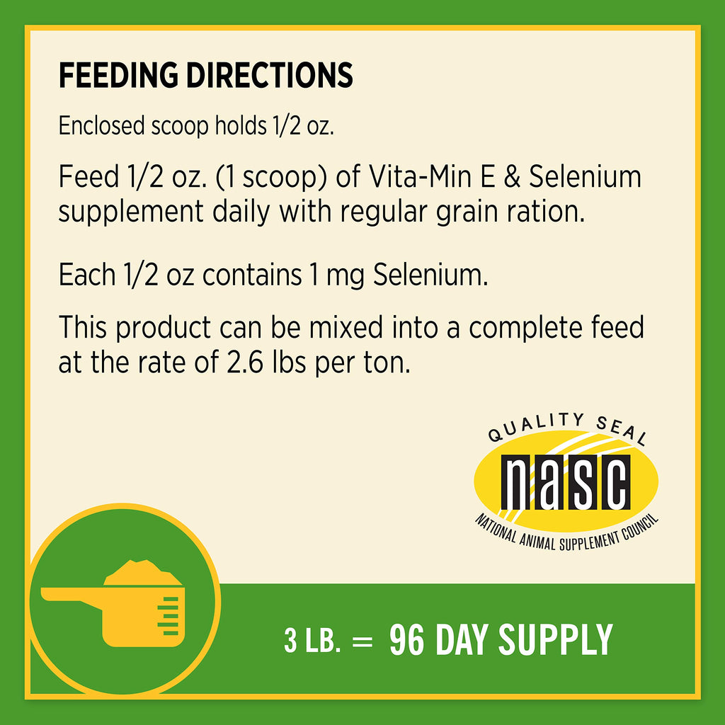Suplemento antioxidante Farnam Vita-Min E & Selenio para caballos, Suplemento de Vitamina E para caballos, Salud muscular y Condición física óptima, 1.36 kg, Suministro para 96 días