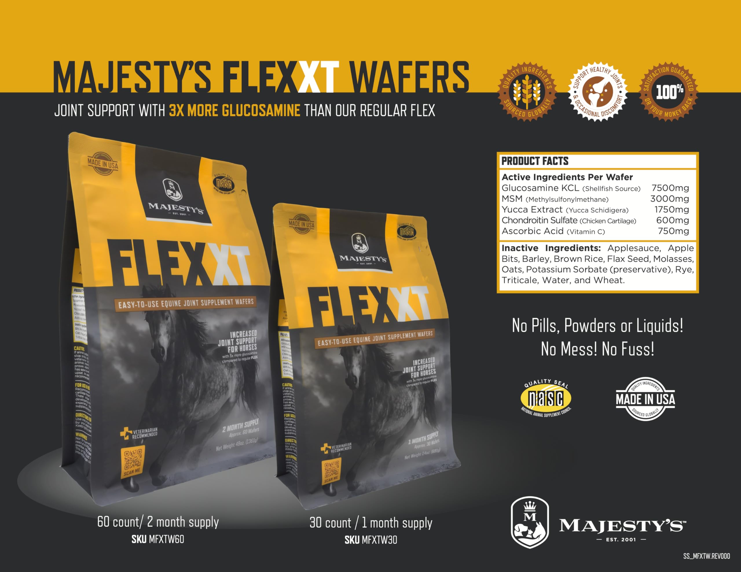 Majesty's Flex XT Wafers - Superior Horse/Equine Joint Support with Increased Supplement Levels - Glucosamine, MSM, Yucca, Vitamin C - 30 Count (1 Month Supply)