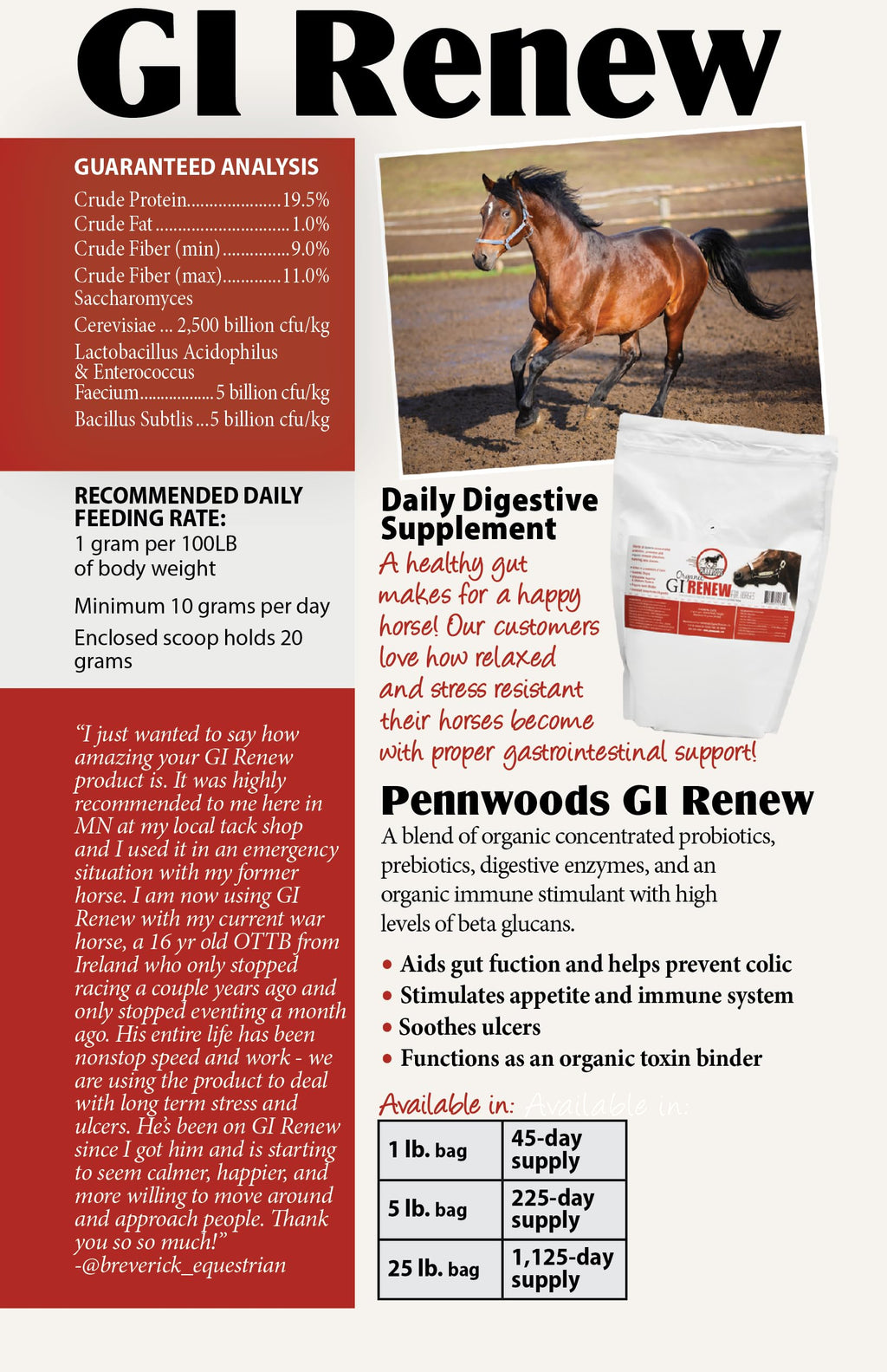 Pennwoods Equine Products GI Renew - 2 LBS | Digestión | Estimulante inmune | Suplemento para caballos | Estimulante del apetito | Probiótico | Prebiótico | Enzimas digestivas | Beta Glucanos |
