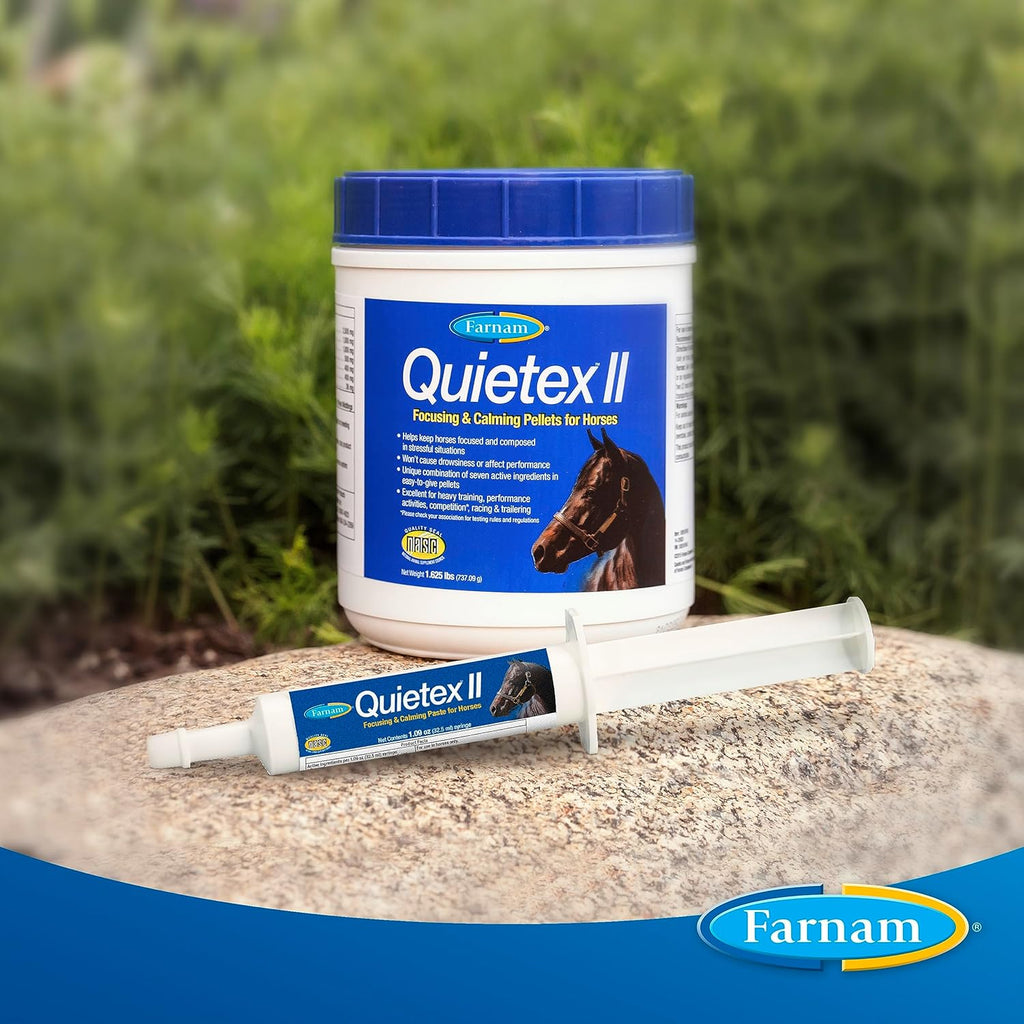 Pasta Tranquilizante Farnam Quietex II para Caballos, Jeringa de 32.5 ml, Maneja el Comportamiento Nervioso y Mantiene a los Caballos Tranquilos, Concentrados y Serenos, 7 Ingredientes para Aliviar el Estrés, Suplemento Calmante de Magnesio