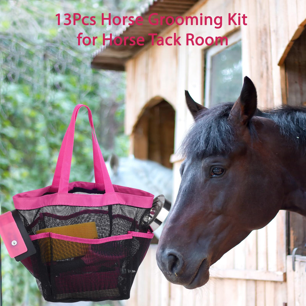 Horse Grooming Kit 13 Piece, Horse Brushes for Grooming Supplies Set with Organizer Bag, Horse Brush & Curry Comb for Effective Cleaning, Gift for Horses Riders Beginners