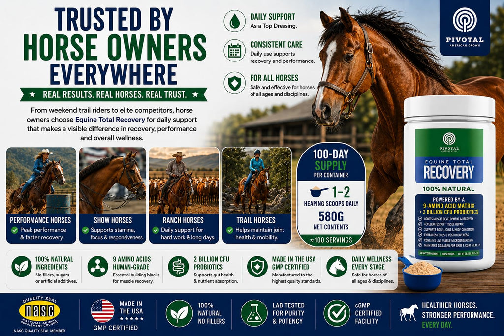 Pivotal Feeds Equine Total Recovery Suplemento – 9 aminoácidos y probióticos para caballos | Recuperación muscular, rendimiento y apoyo digestivo | Aderezo de pienso para caballos | 100 porciones