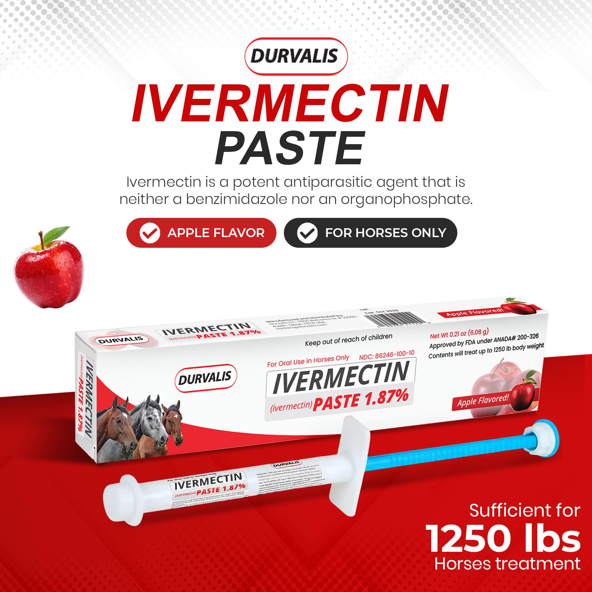 Ivermectin Horse Paste 1.87% Dewormer 6.08g Dose-Effective Appled Flavored Ivermectin Paste for Equine Care,Horse Deworming Paste -for Horses Up to 1250 lb (24 Pack)