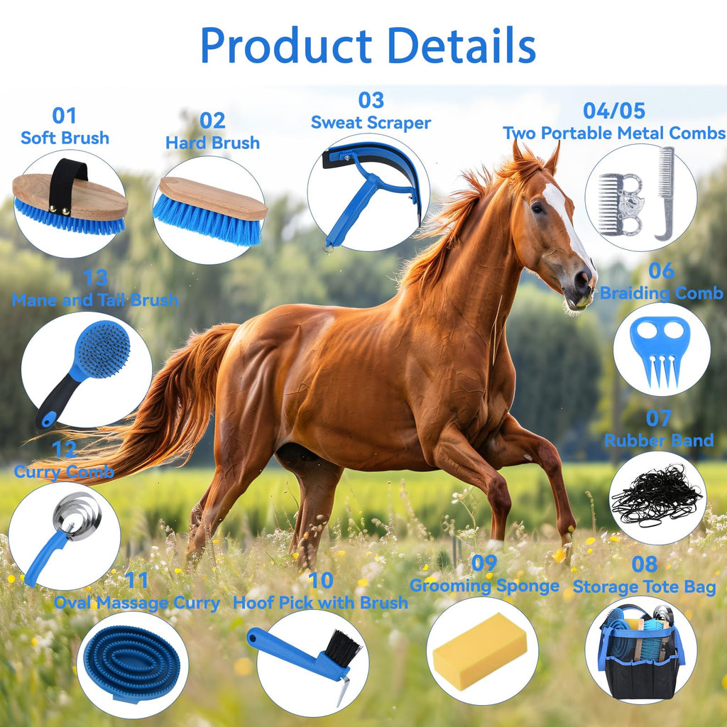 Horse Grooming Kit 13 Piece, Horse Brushes for Grooming Supplies Set with Organizer Bag, Horse Brush & Curry Comb for Effective Cleaning, Gift for Horses Riders Beginners