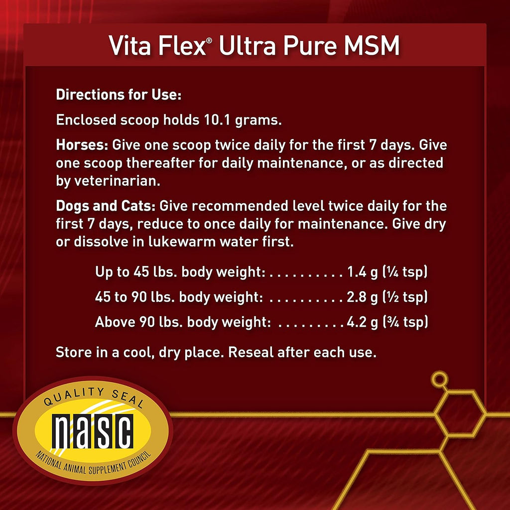 Suplemento articular Ultra Pure Vita Flex para perros, caballos y gatos, 4 libras – Suplemento de MSM, polvo de MSM equino para articulaciones sanas, colágeno y soporte de movilidad, polvo blanco inodoro