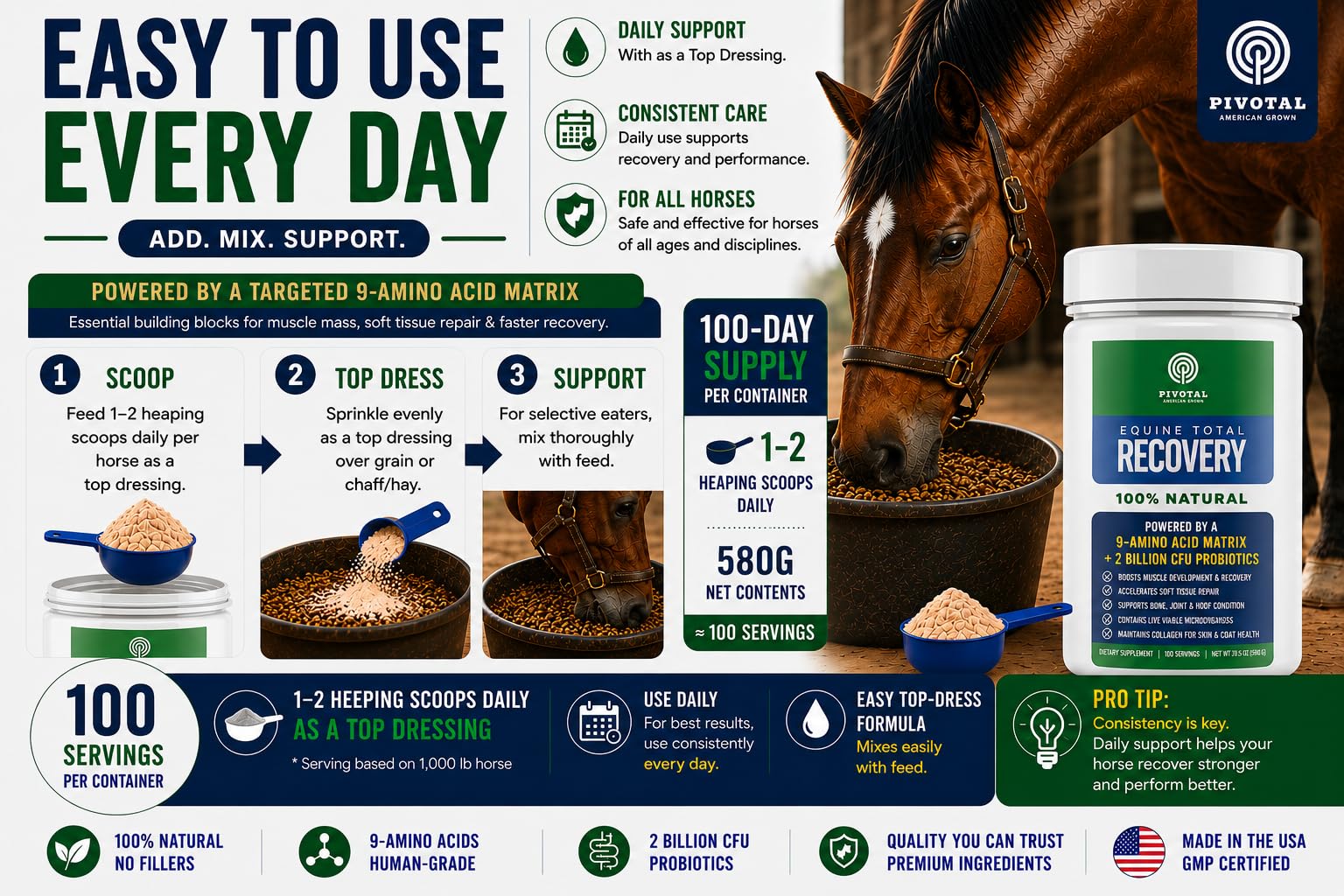 Pivotal Feeds Equine Total Recovery Suplemento – 9 aminoácidos y probióticos para caballos | Recuperación muscular, rendimiento y apoyo digestivo | Aderezo de pienso para caballos | 100 porciones