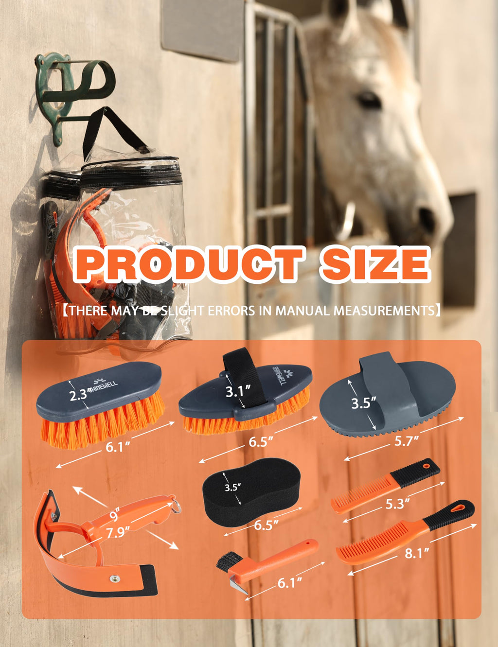 Kit de aseo Shinewell para caballos, set completo de cepillos para caballos, herramientas de aseo equino para muda y cuidado diario Naranja
