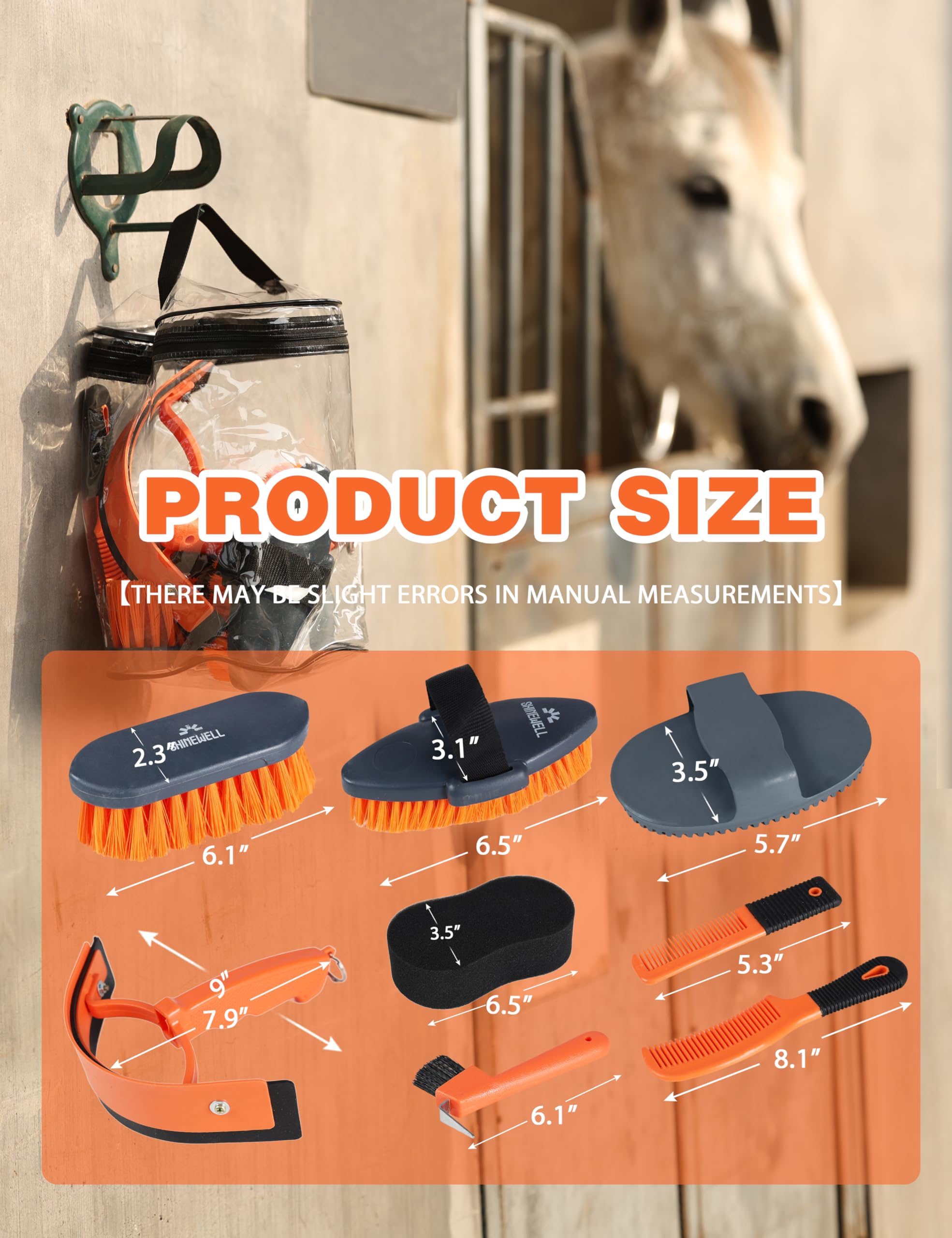 Kit de aseo Shinewell para caballos, set completo de cepillos para caballos, herramientas de aseo equino para muda y cuidado diario Naranja