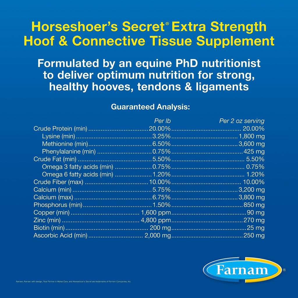 Suplemento de biotina Farnam Horseshoer's Secret Extra Strength para cascos y tejido conectivo con aminoácidos para cascos, tendones y ligamentos fuertes y saludables, 3.4 kg, suministro para 60 días