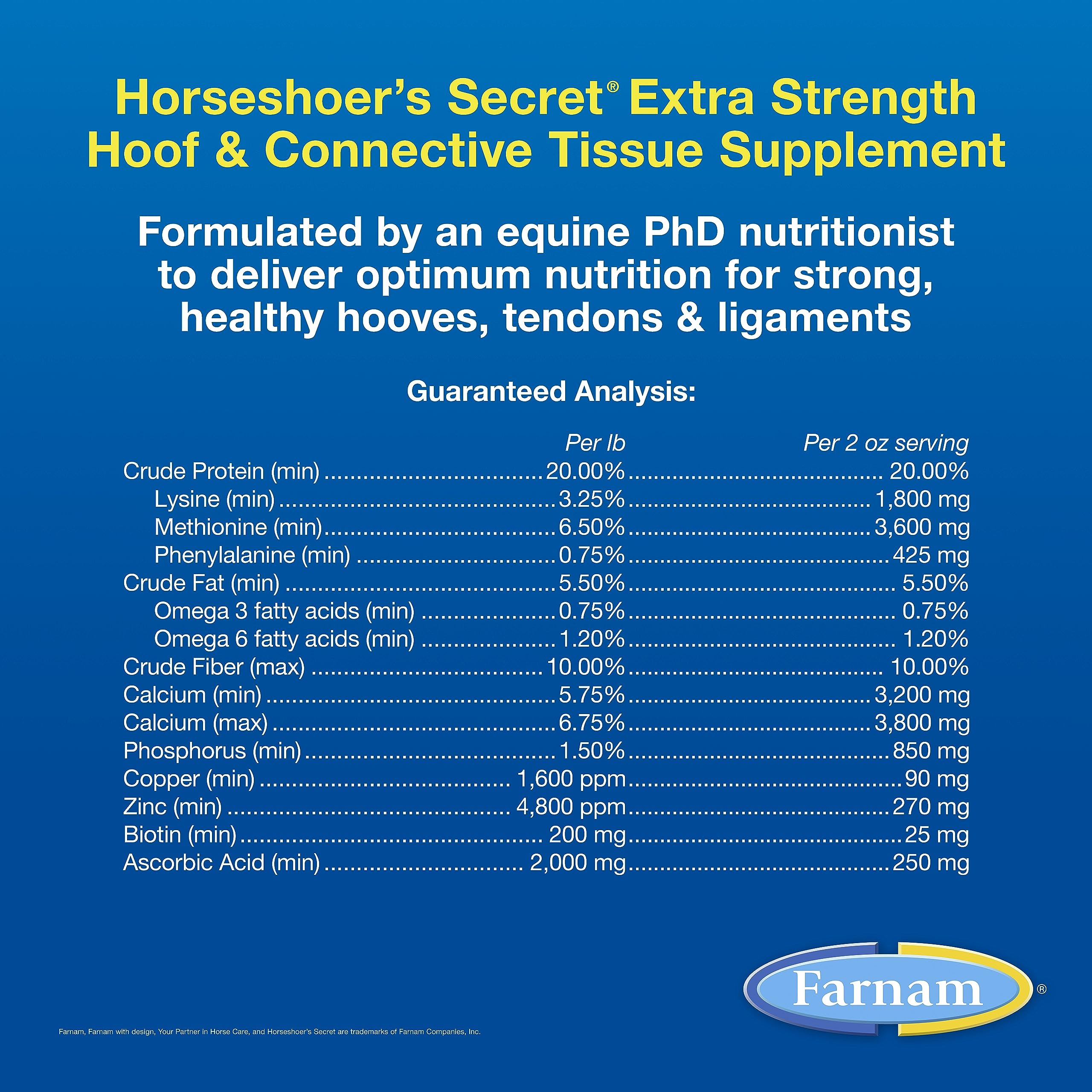 Farnam Horseshoer's Secret Extra Strength Hoof & Connective Tissue Biotin Supplement with Aminos for Strong, Healthy Hooves, Tendons & Ligaments, 7.5 lbs, 60-Day Supply