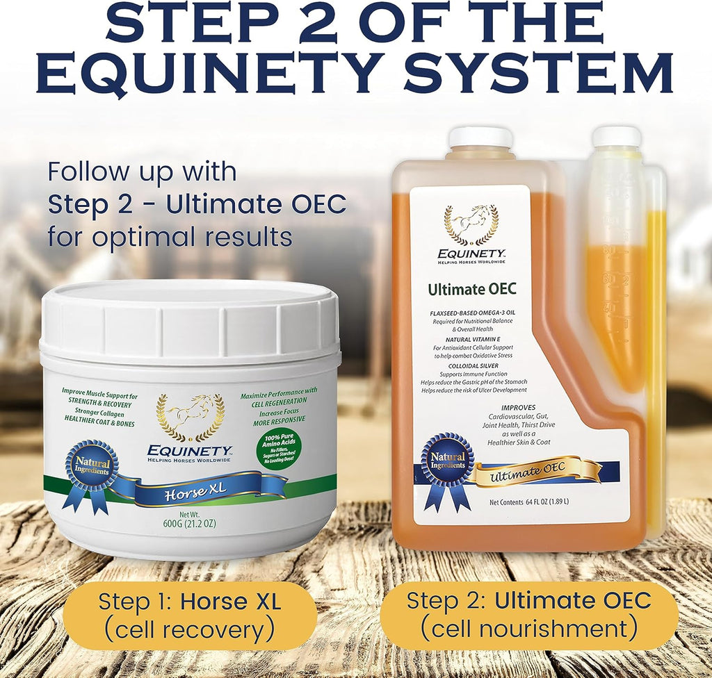Suplemento ecuestre definitivo OEC – Omega 3, vitamina E, aceite de linaza para caballos – Defensa del pelaje, soporte articular y de pezuñas – Aceite equino aprobado por veterinarios para un peso saludable, músculos y recuperación