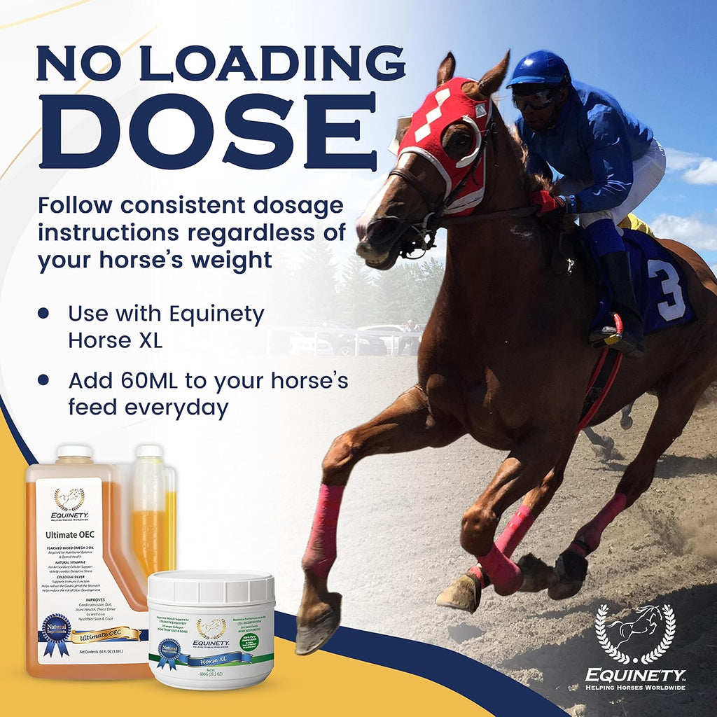 Suplemento ecuestre definitivo OEC – Omega 3, vitamina E, aceite de linaza para caballos – Defensa del pelaje, soporte articular y de pezuñas – Aceite equino aprobado por veterinarios para un peso saludable, músculos y recuperación