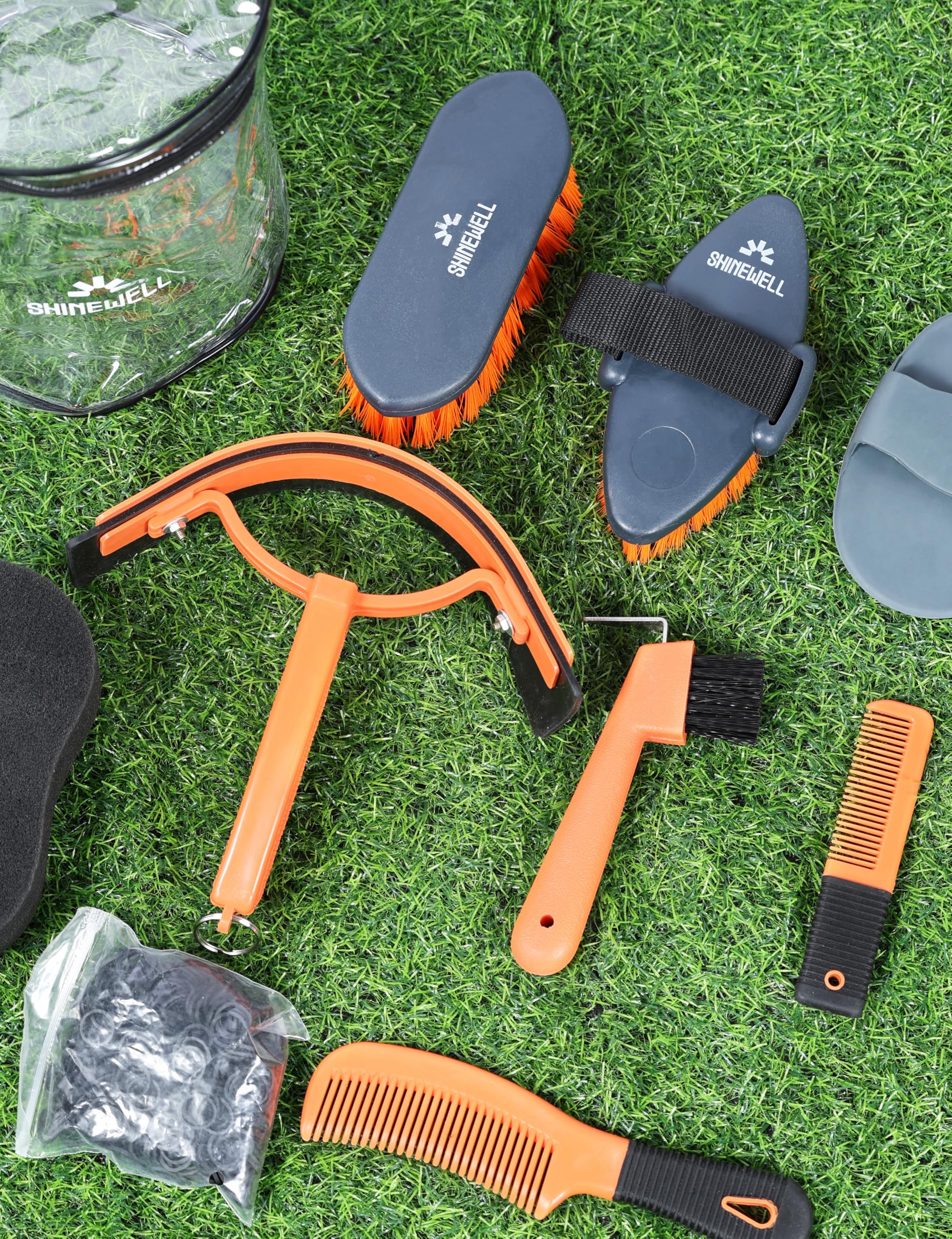 Kit de aseo Shinewell para caballos, set completo de cepillos para caballos, herramientas de aseo equino para muda y cuidado diario Naranja
